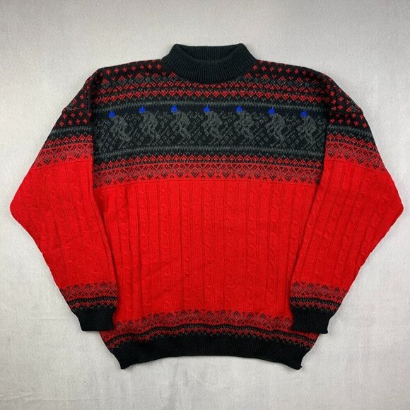 Vintage Wolsey Mens Sweater Large Red Black Fair Isle Cable Knit Ski Wool Italy - Picture 1 of 8